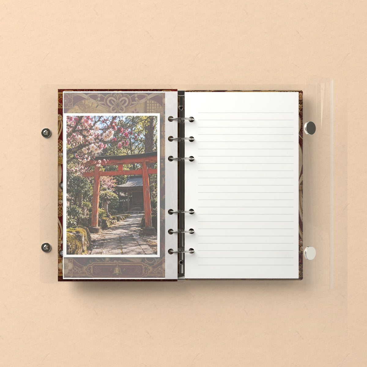 Inside: a photo sleeve and a lined refill page