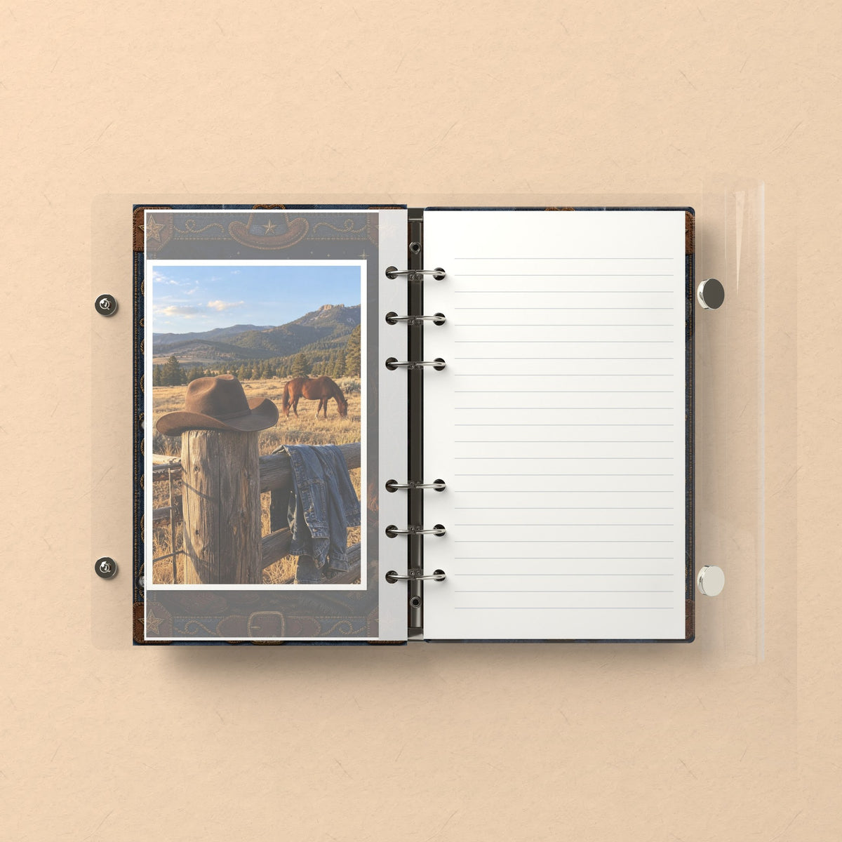 Inside: a photo sleeve and a lined refill page