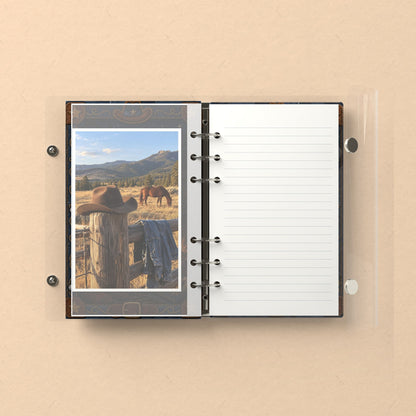 Inside: a photo sleeve and a lined refill page