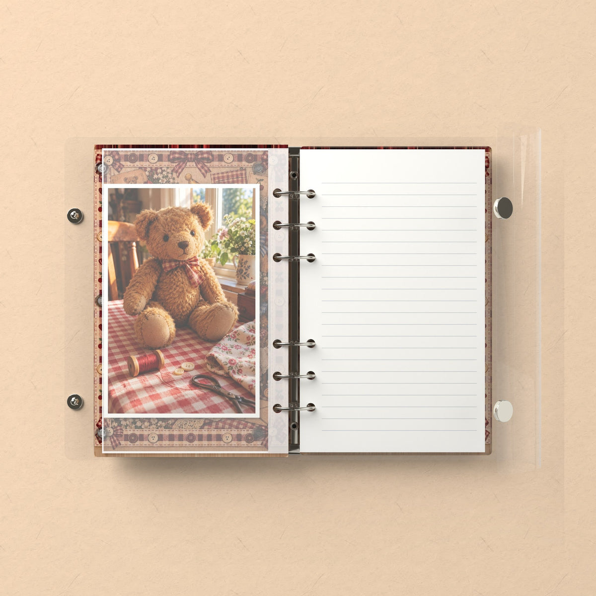 Inside: a photo sleeve and a lined refill page