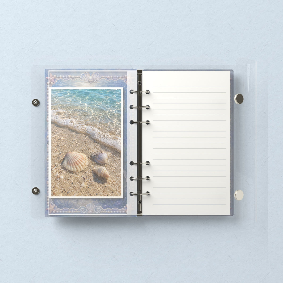 Inside: a photo sleeve and a lined refill page