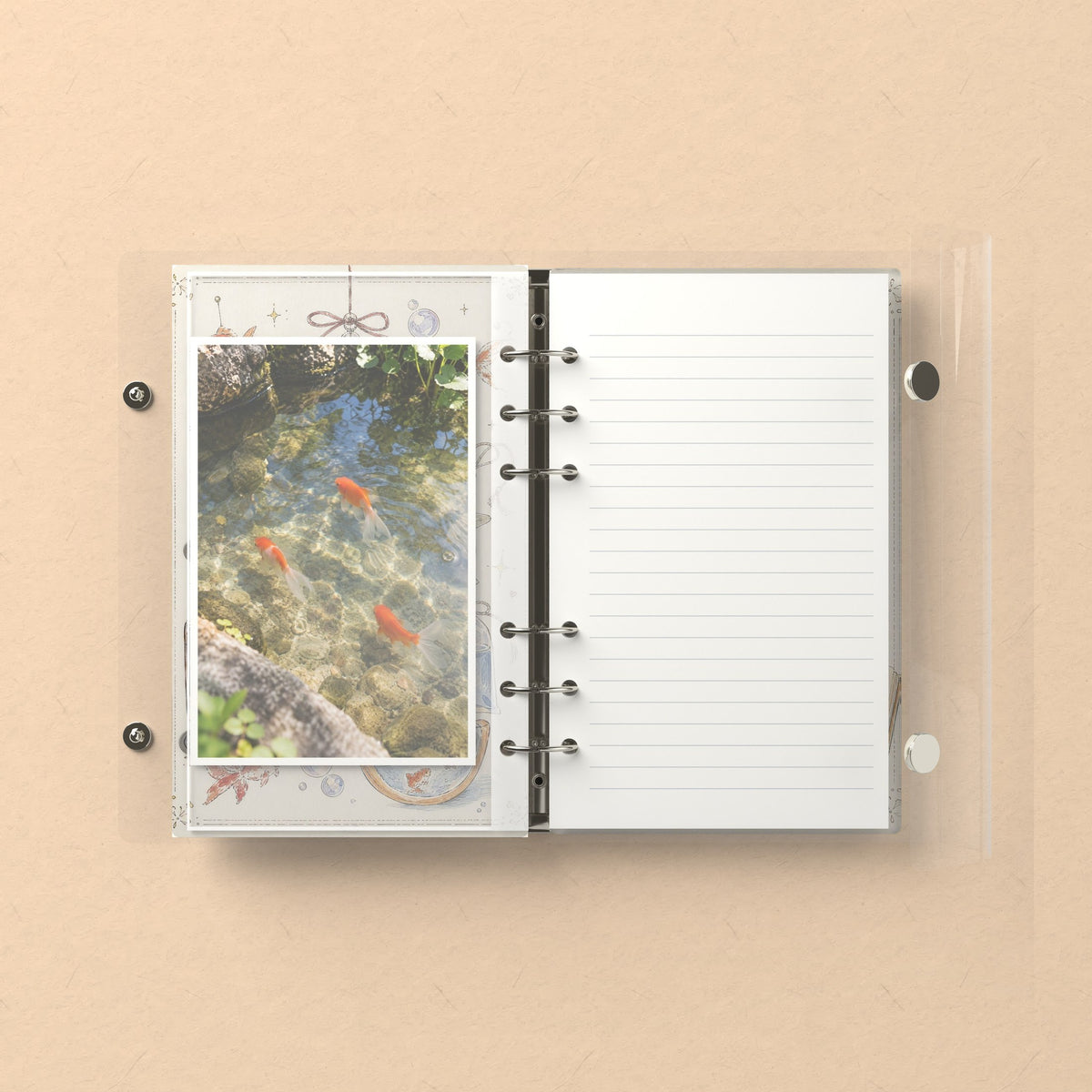 Inside: a photo sleeve and a lined refill page