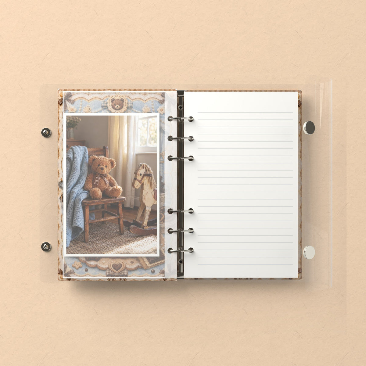Inside: a photo sleeve and a lined refill page
