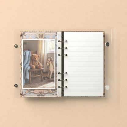 Inside: a photo sleeve and a lined refill page