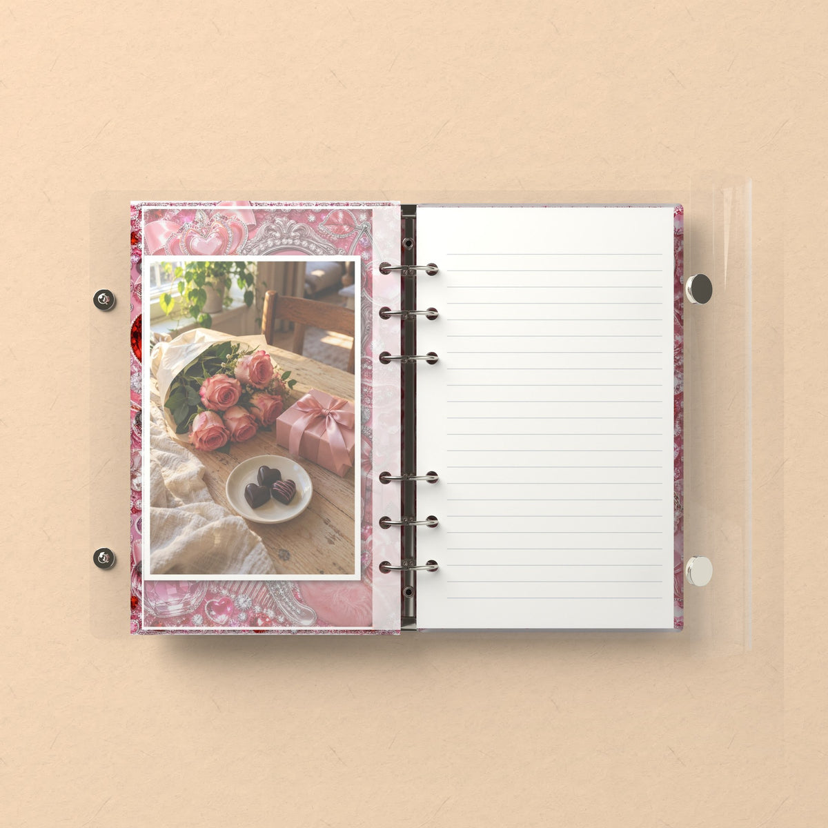 Inside: a photo sleeve and a lined refill page