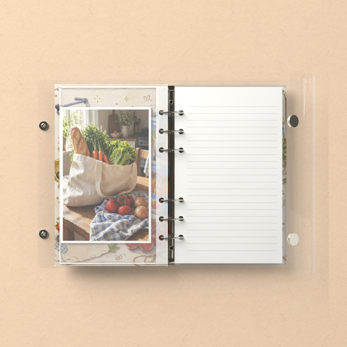Inside: a photo sleeve and a lined refill page