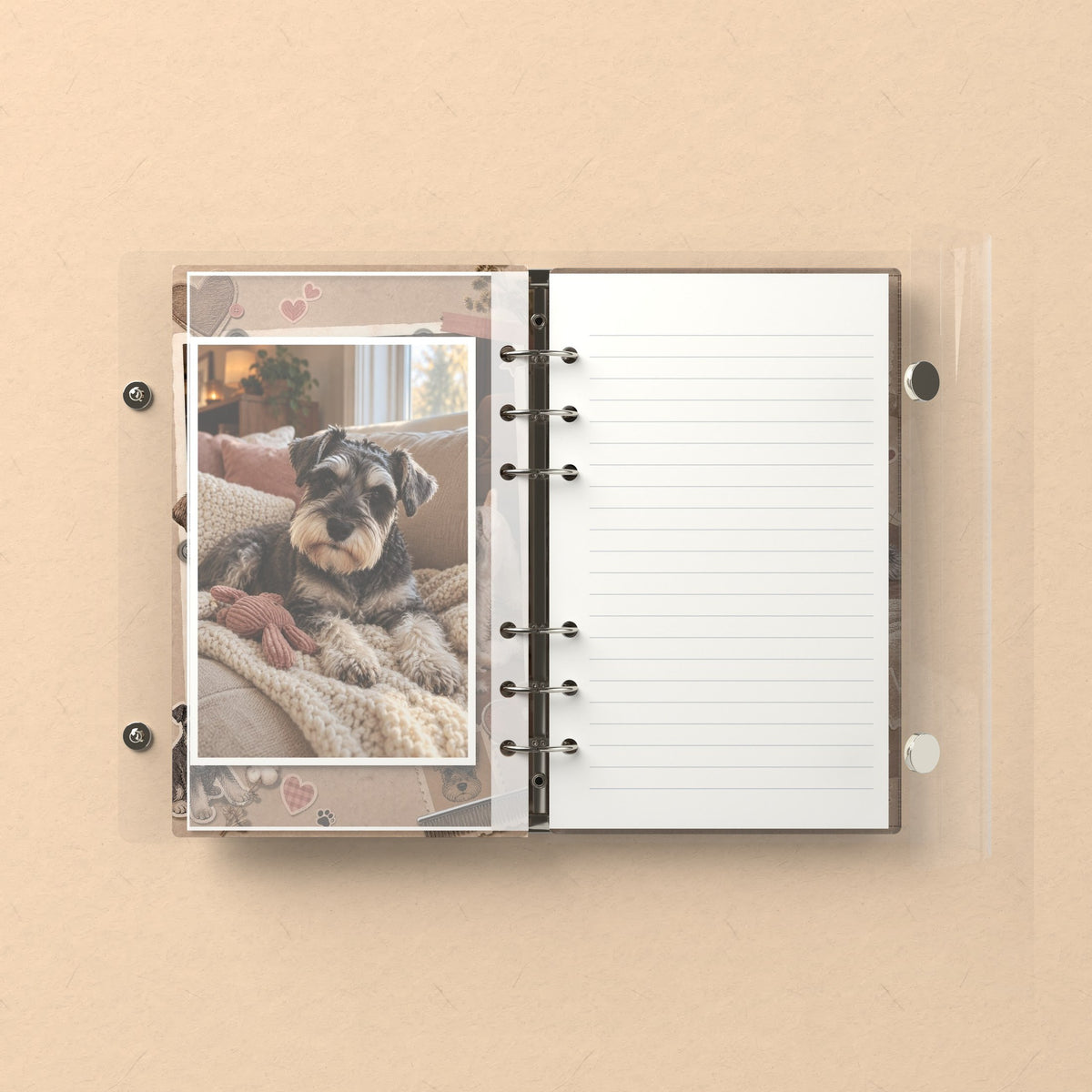 Inside: a photo sleeve and a lined refill page