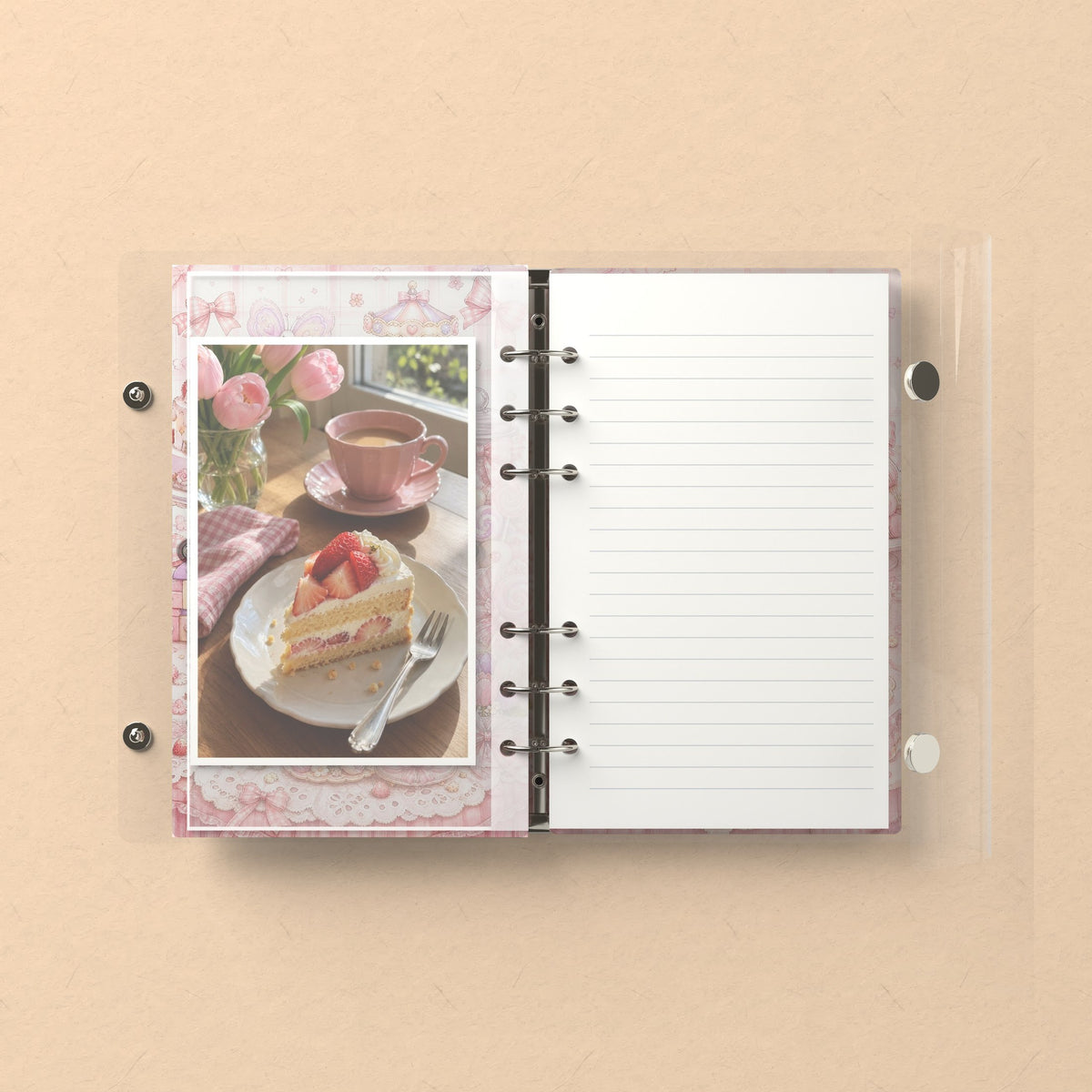 Inside: a photo sleeve and a lined refill page
