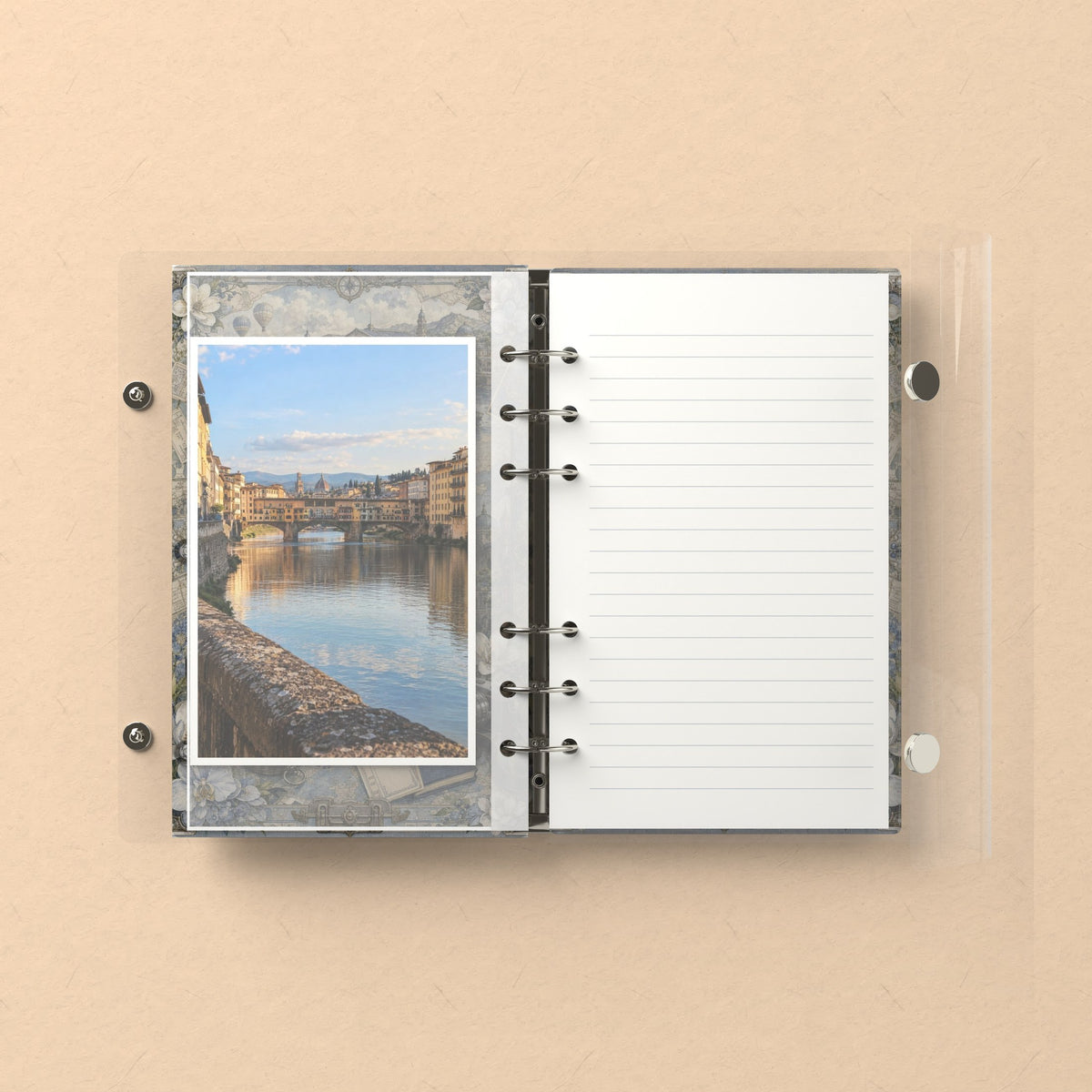 Inside: a photo sleeve and a lined refill page