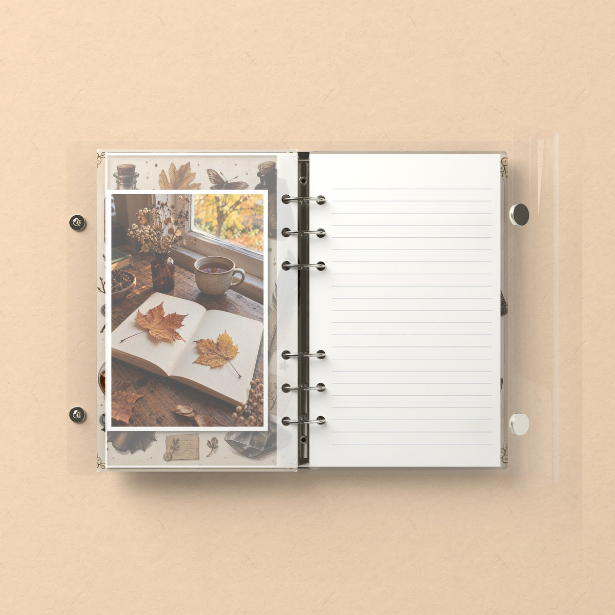 Inside: a photo sleeve and a lined refill page