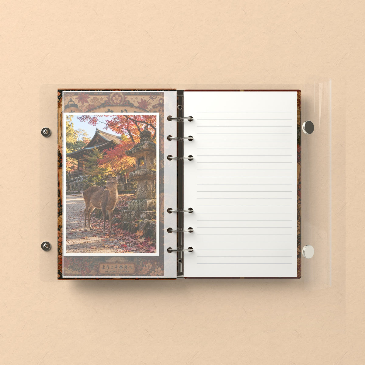 Inside: a photo sleeve and a lined refill page