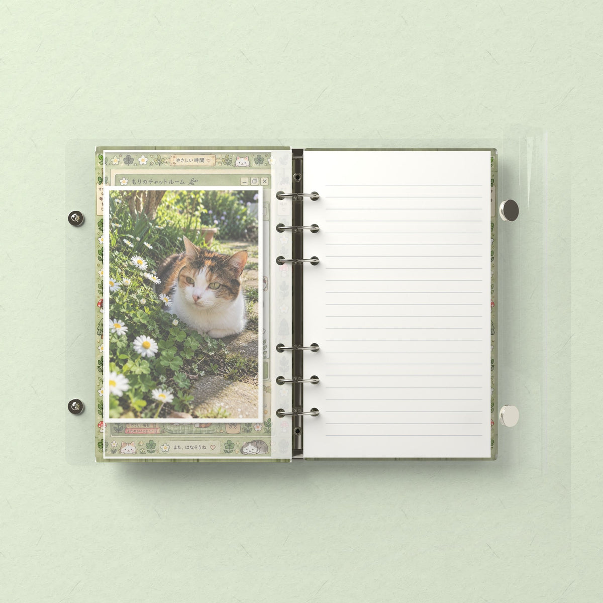 Inside: a photo sleeve and a lined refill page
