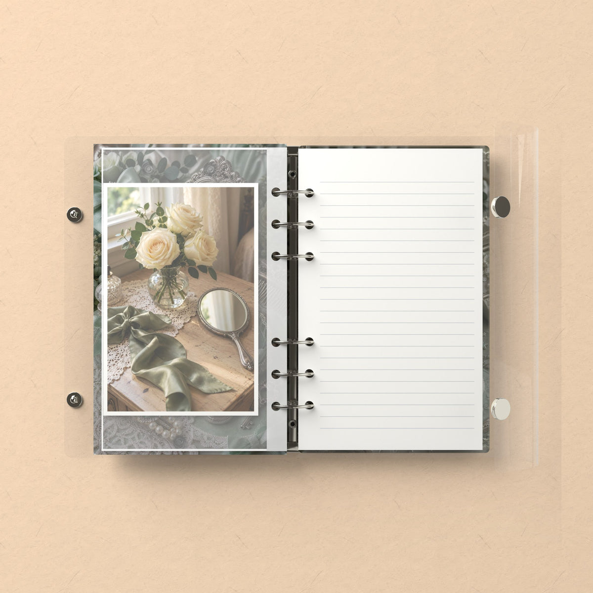Inside: a photo sleeve and a lined refill page