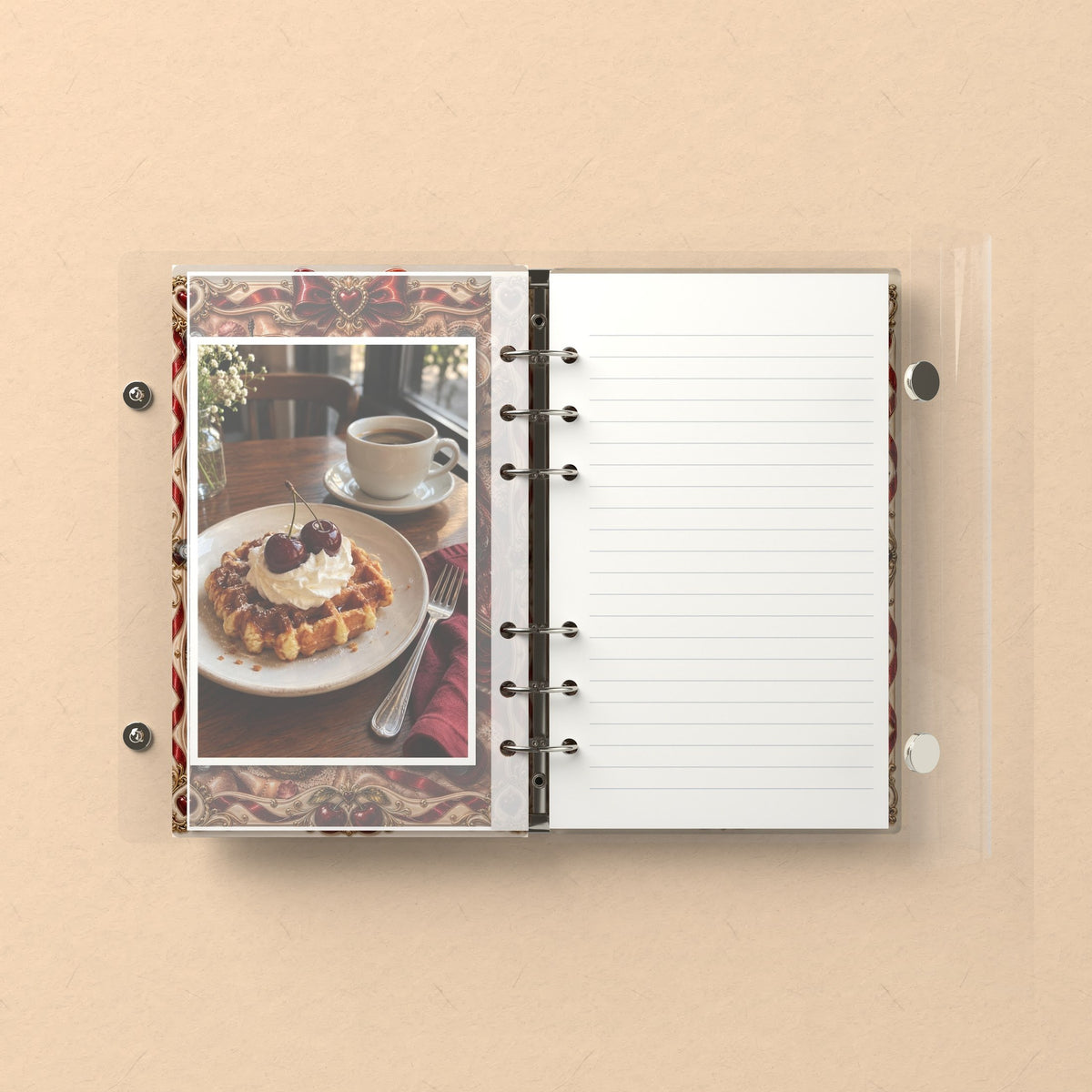 Inside: a photo sleeve and a lined refill page