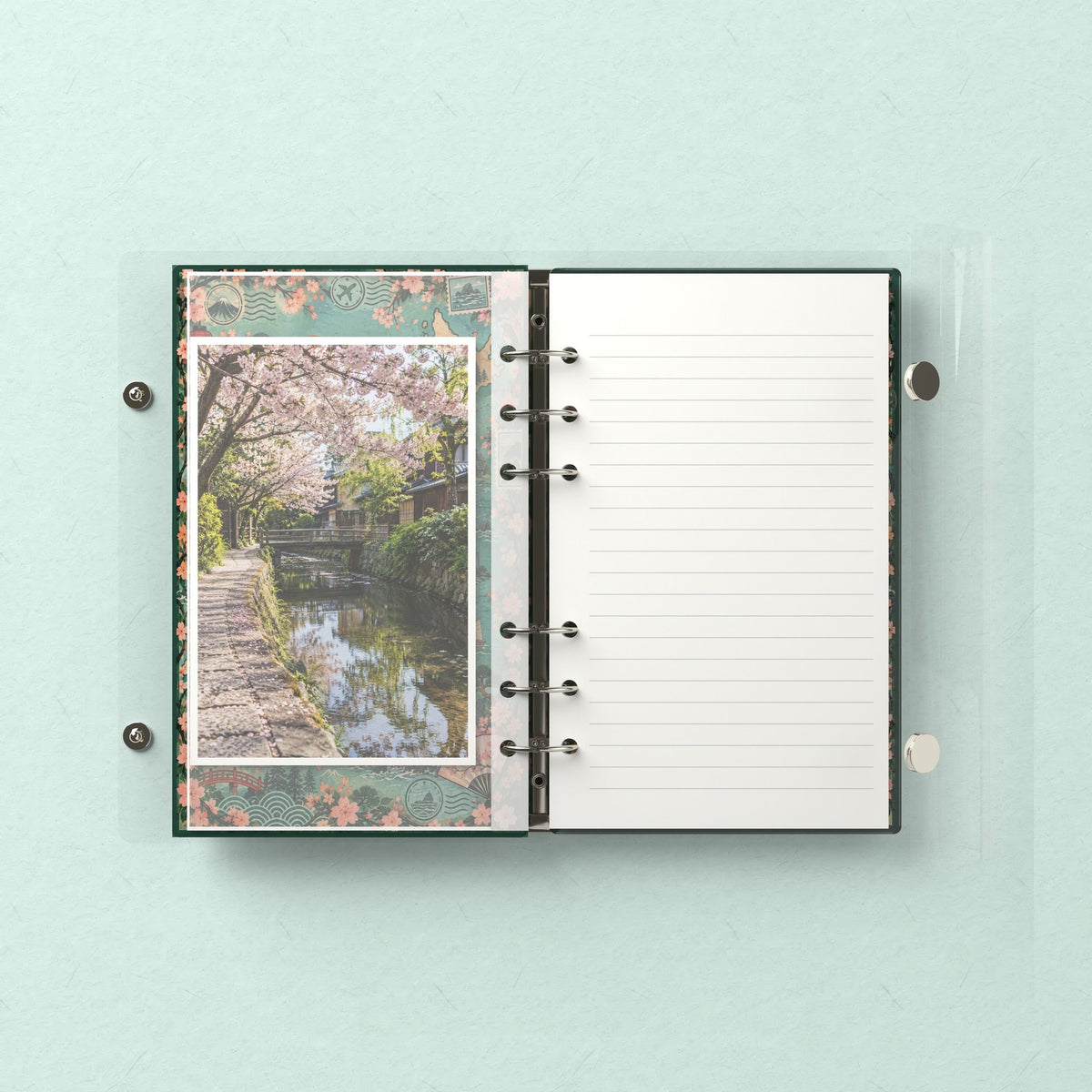 Inside: a photo sleeve and a lined refill page