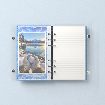 Inside: a photo sleeve and a lined refill page