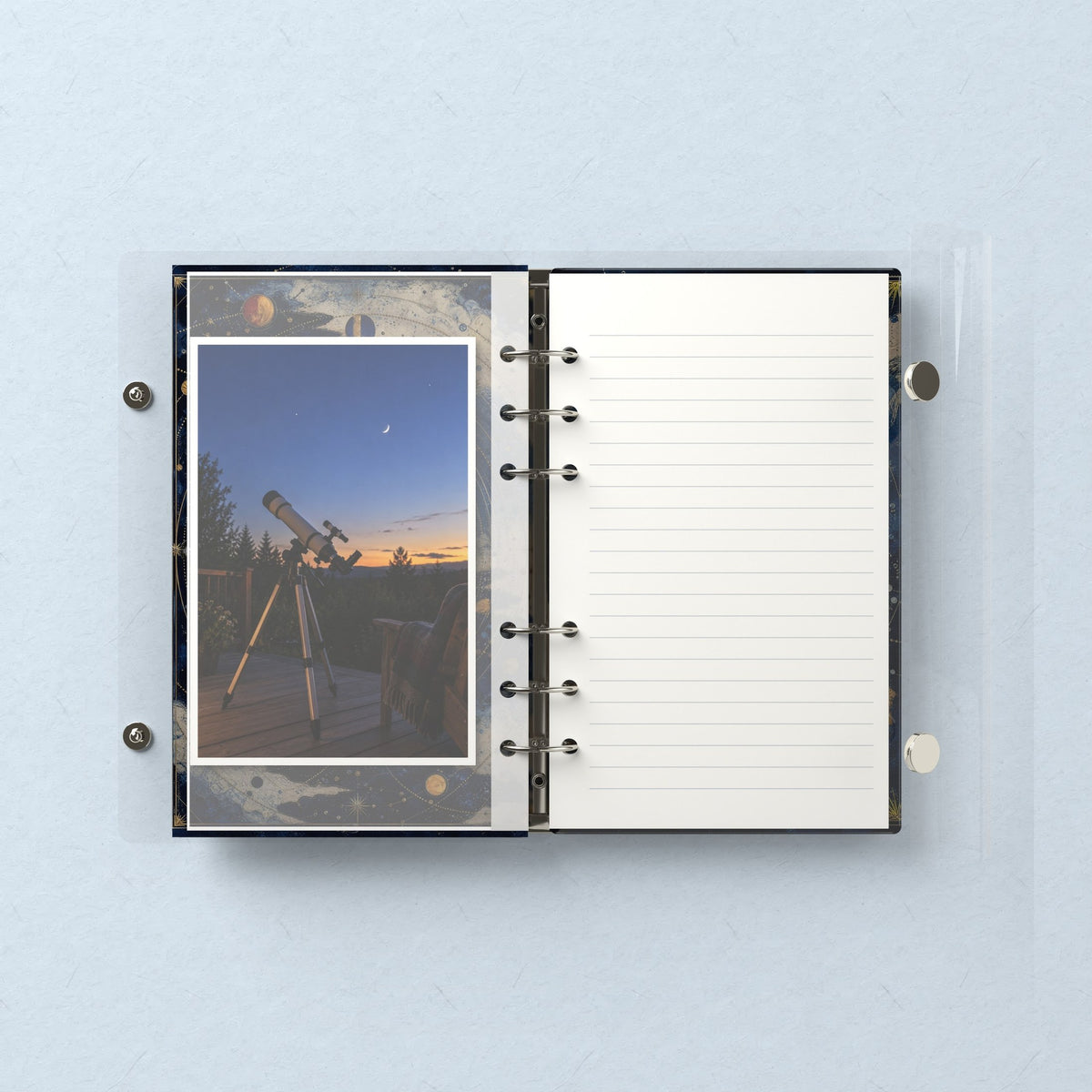 Inside: a photo sleeve and a lined refill page