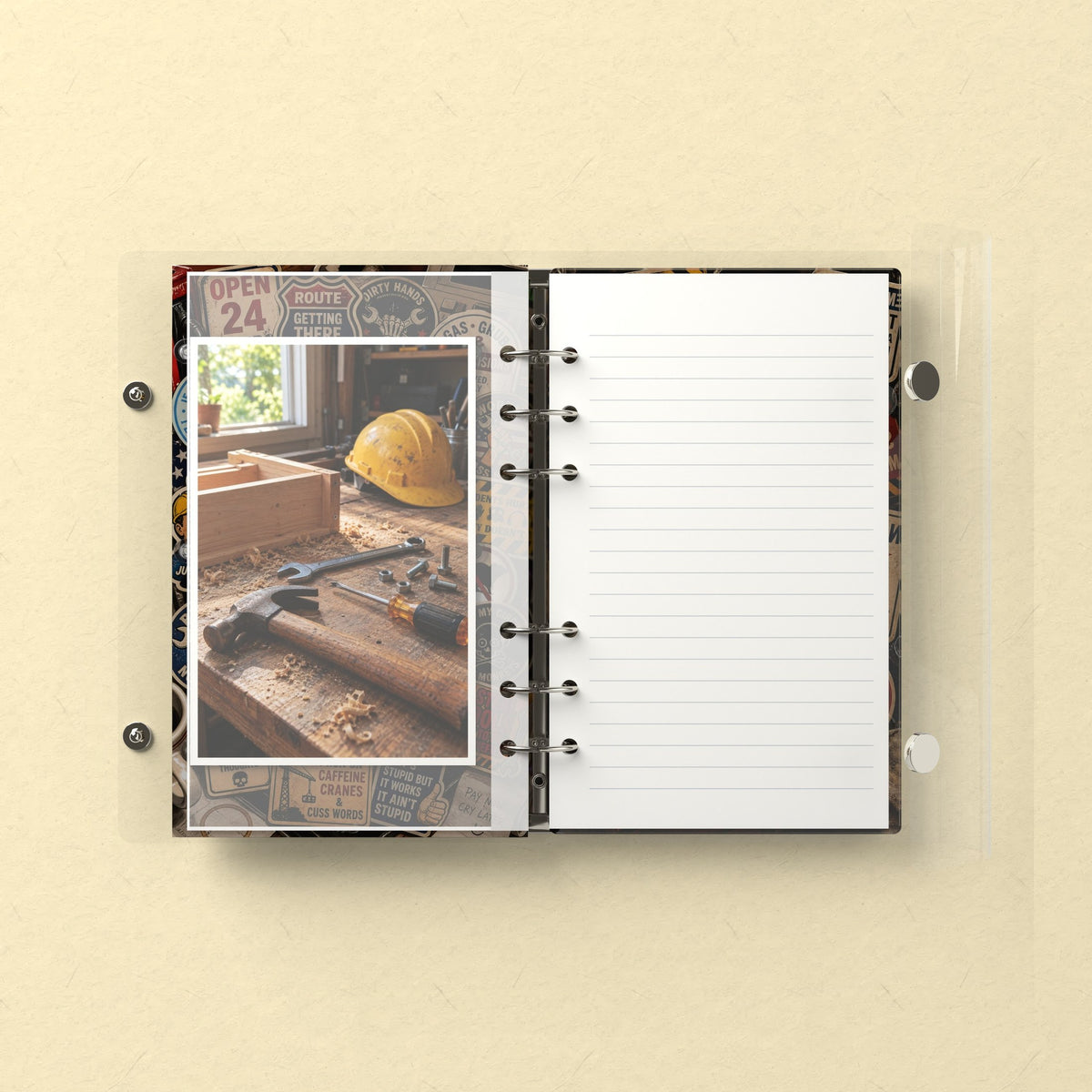 Inside: a photo sleeve and a lined refill page