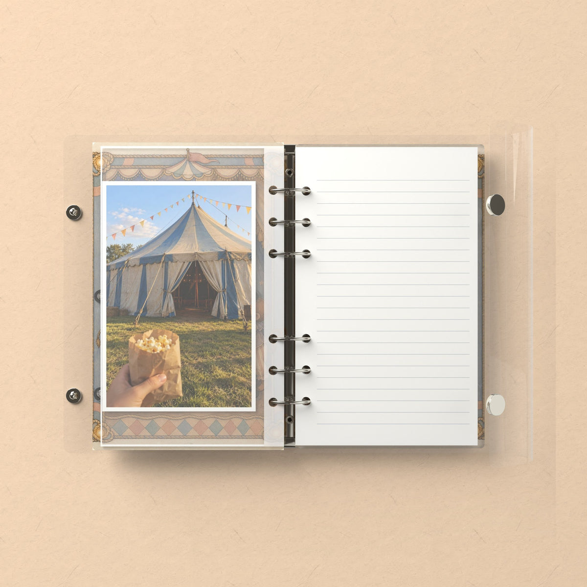 Inside: a photo sleeve and a lined refill page