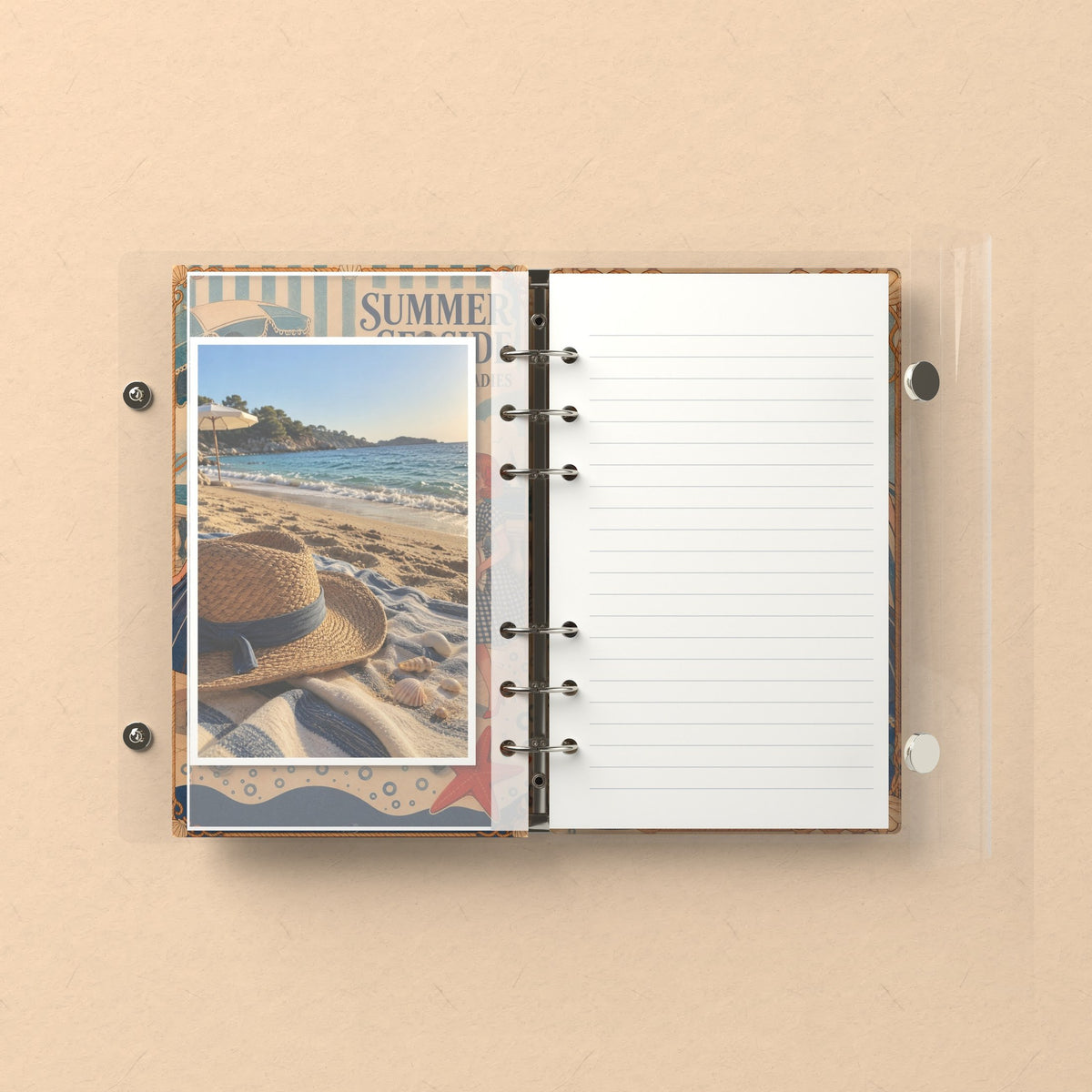 Inside: a photo sleeve and a lined refill page