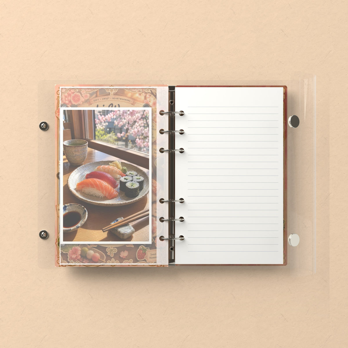 Inside: a photo sleeve and a lined refill page