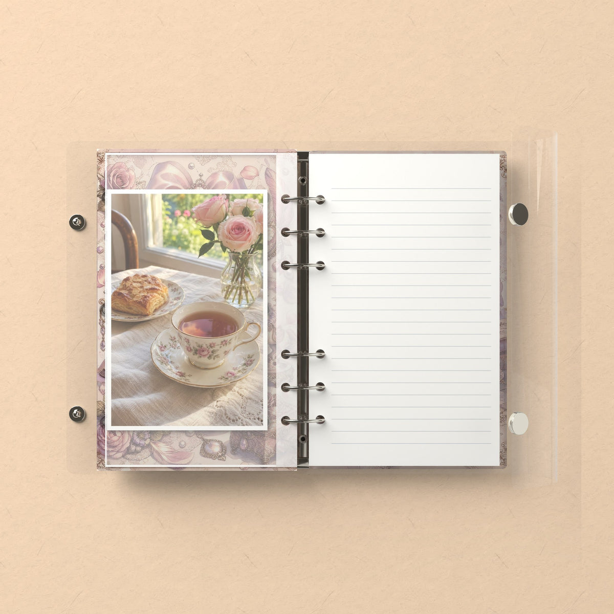 Inside: a photo sleeve and a lined refill page