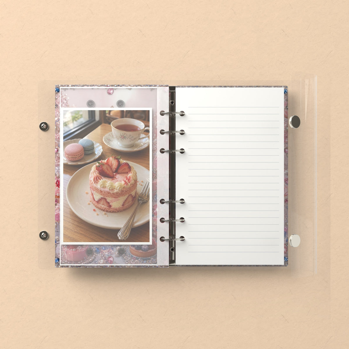 Inside: a photo sleeve and a lined refill page