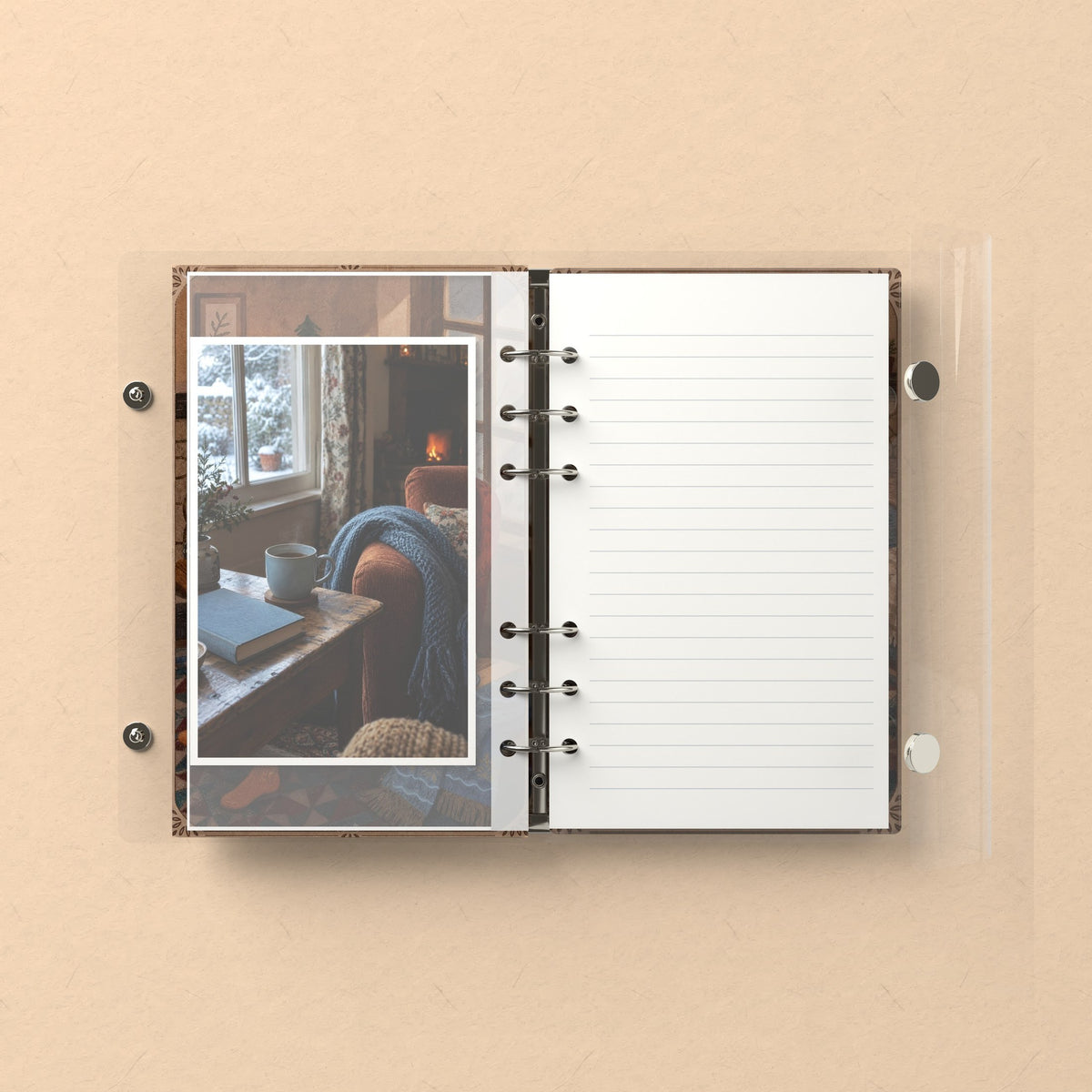 Inside: a photo sleeve and a lined refill page