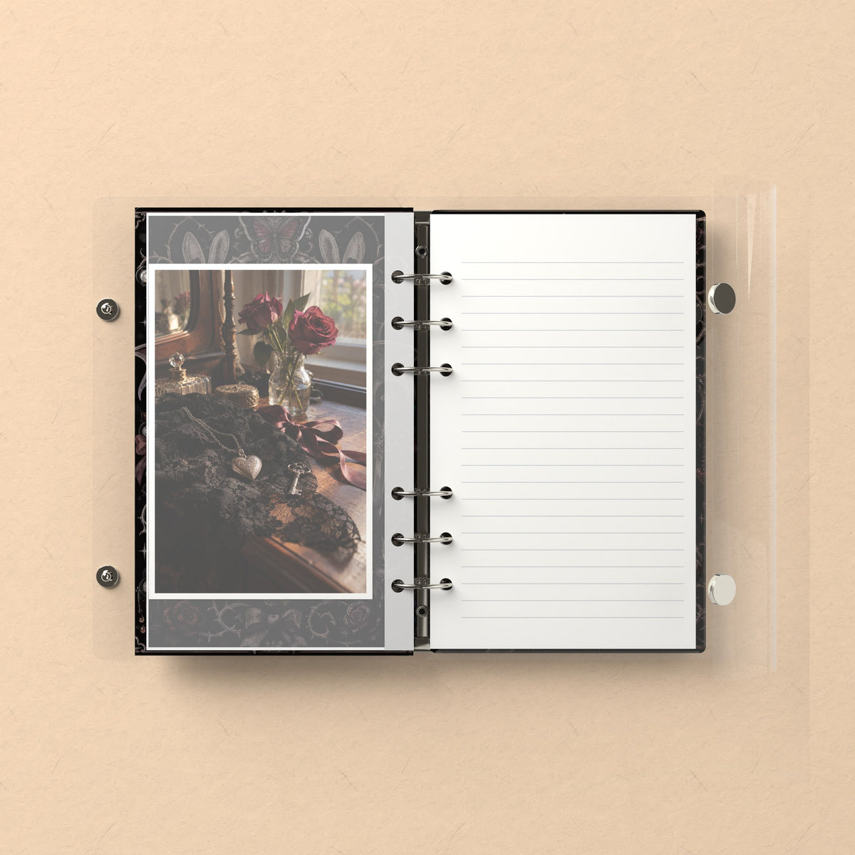 Inside: a photo sleeve and a lined refill page