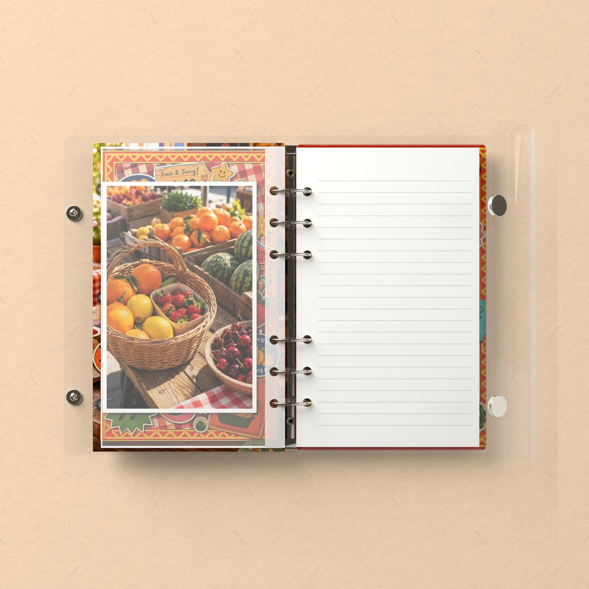 Inside: a photo sleeve and a lined refill page
