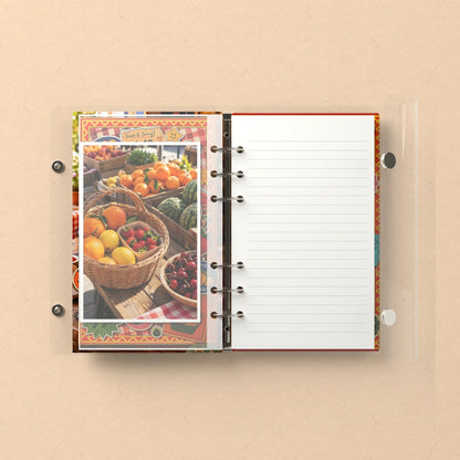 Inside: a photo sleeve and a lined refill page