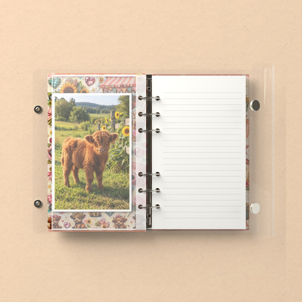 Inside: a photo sleeve and a lined refill page