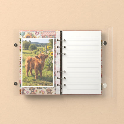 Inside: a photo sleeve and a lined refill page