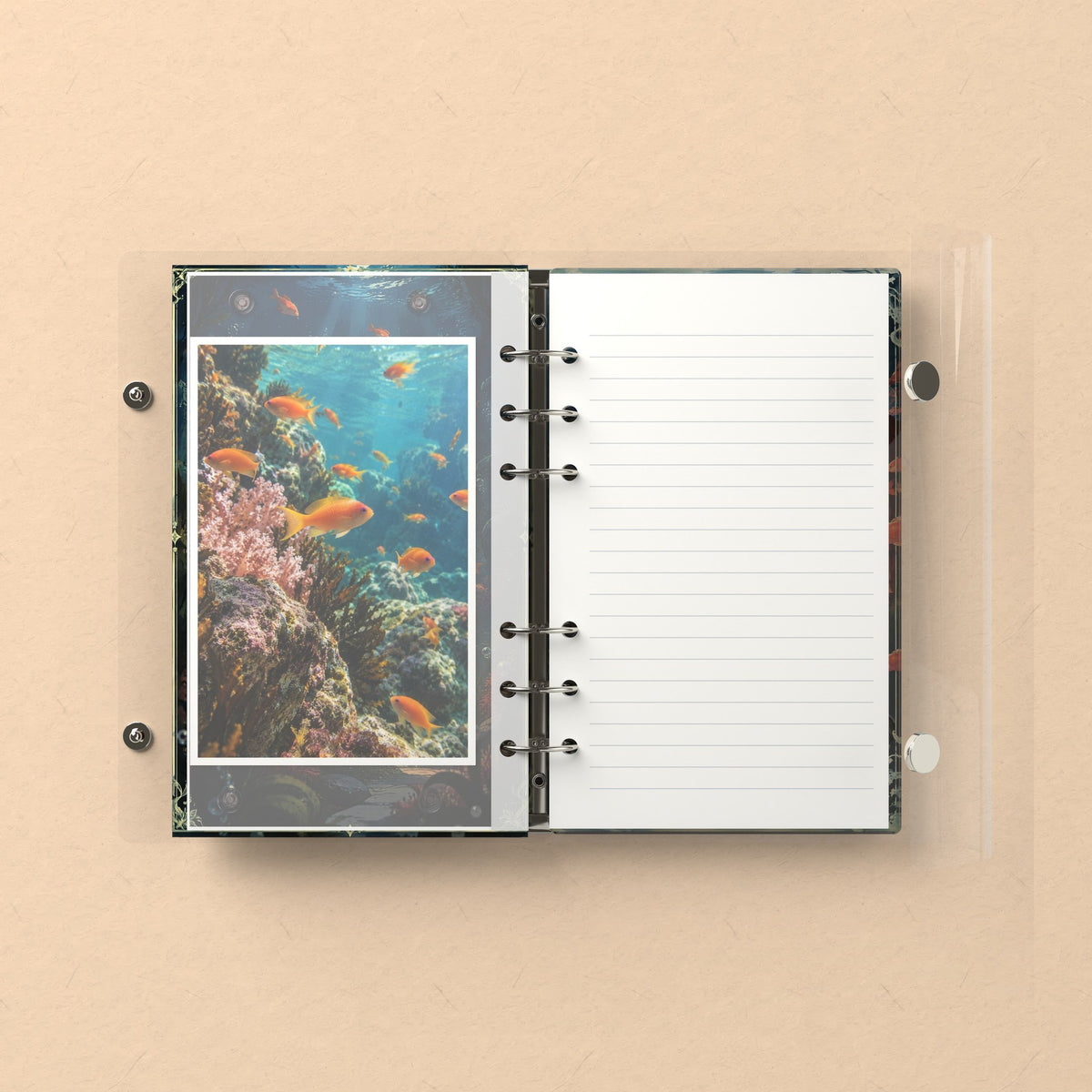 Inside: a photo sleeve and a lined refill page