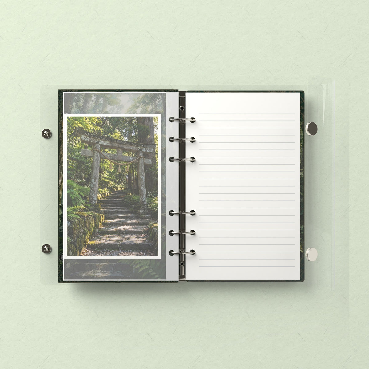 Inside: a photo sleeve and a lined refill page