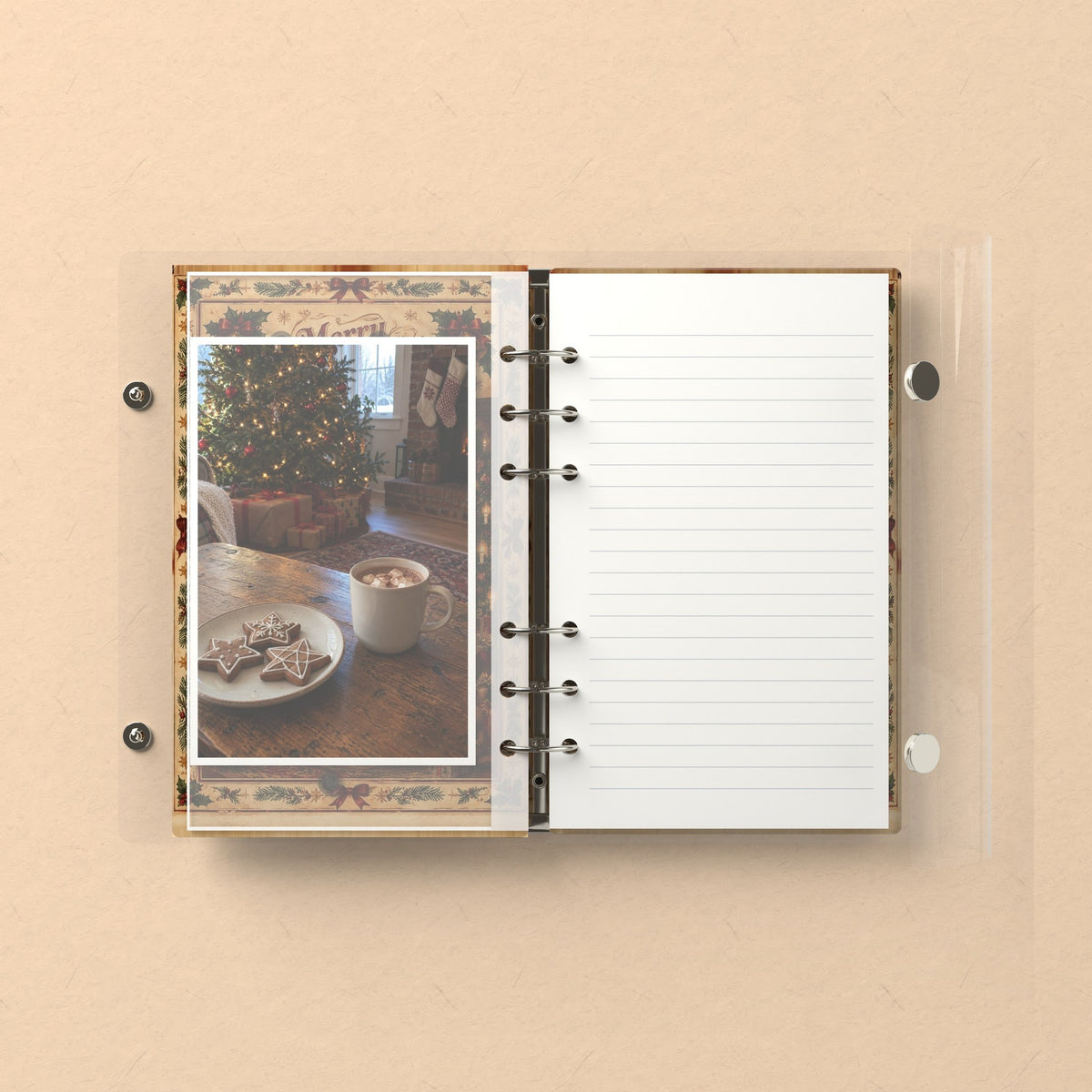Inside: a photo sleeve and a lined refill page