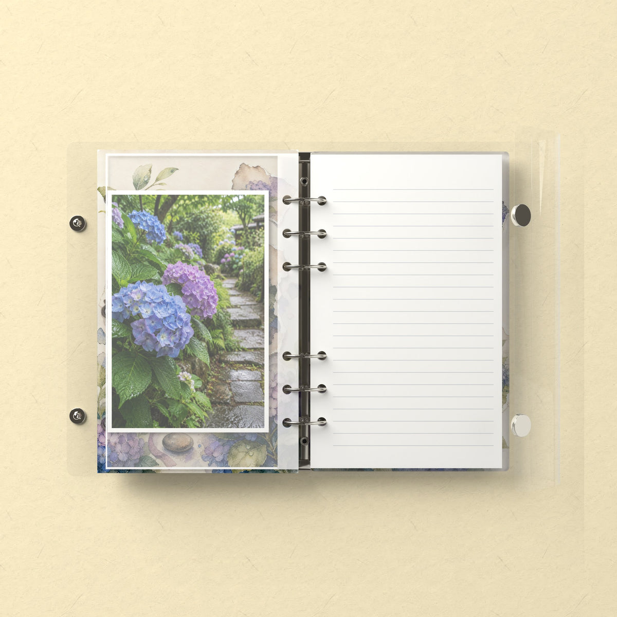 Inside: a photo sleeve and a lined refill page