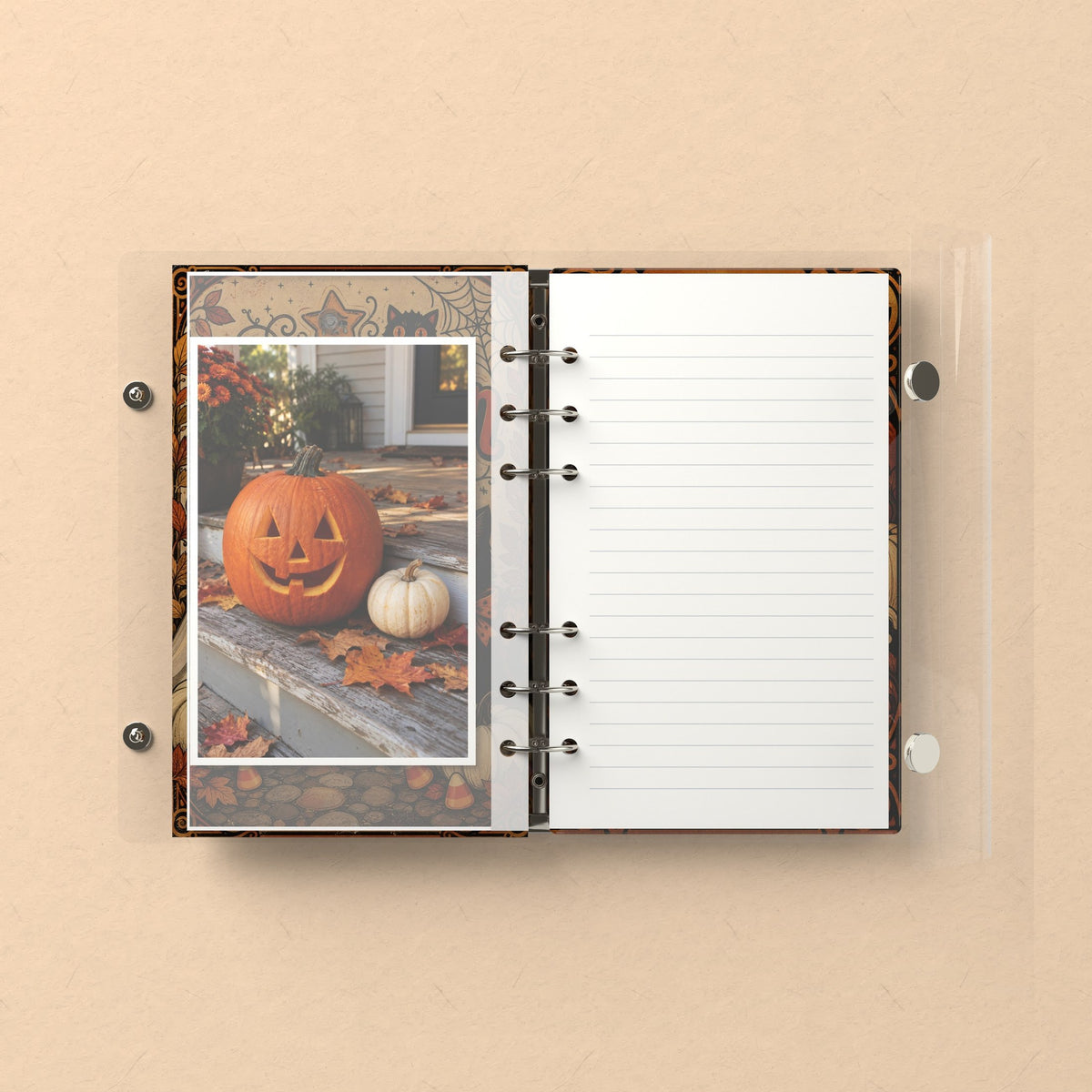 Inside: a photo sleeve and a lined refill page