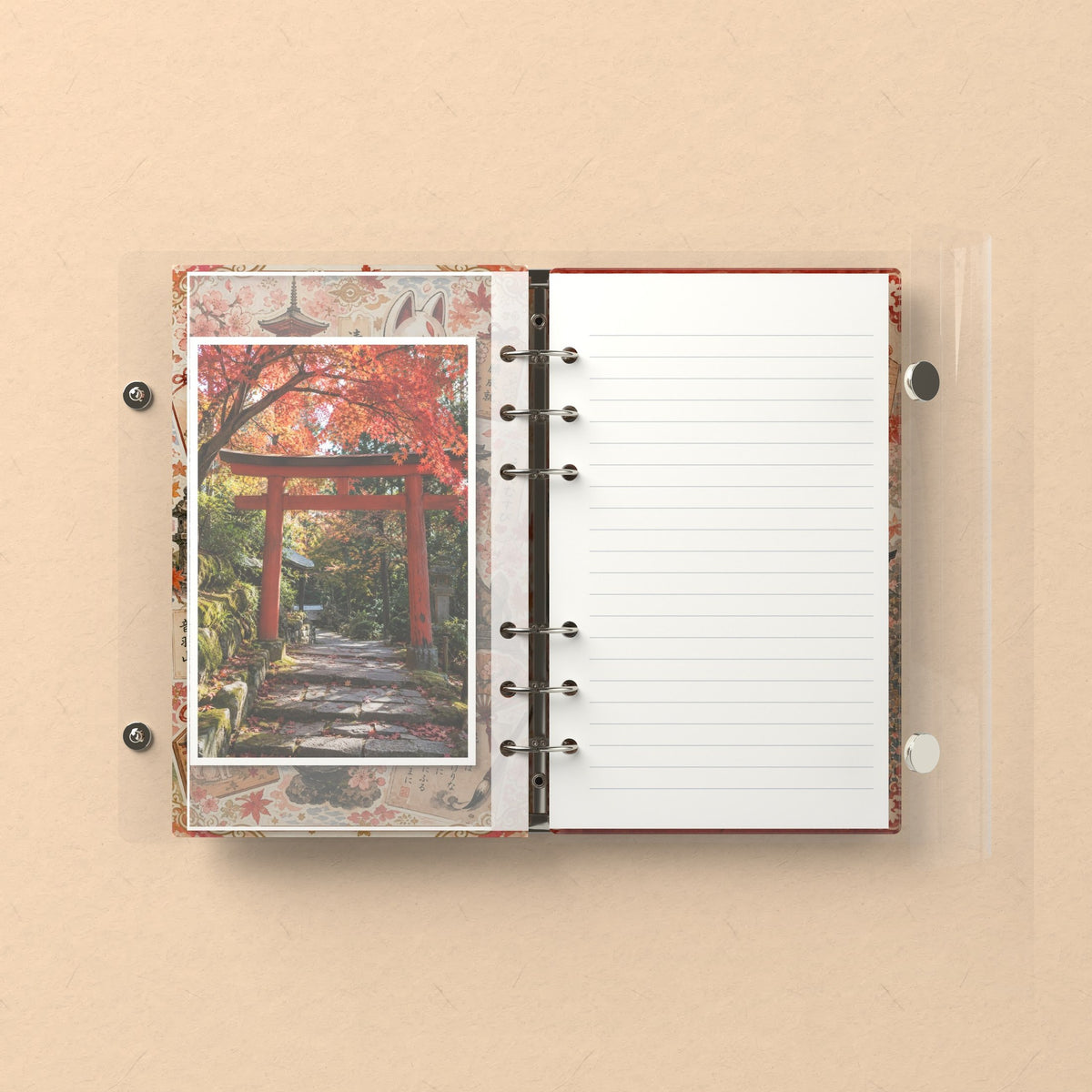 Inside: a photo sleeve and a lined refill page