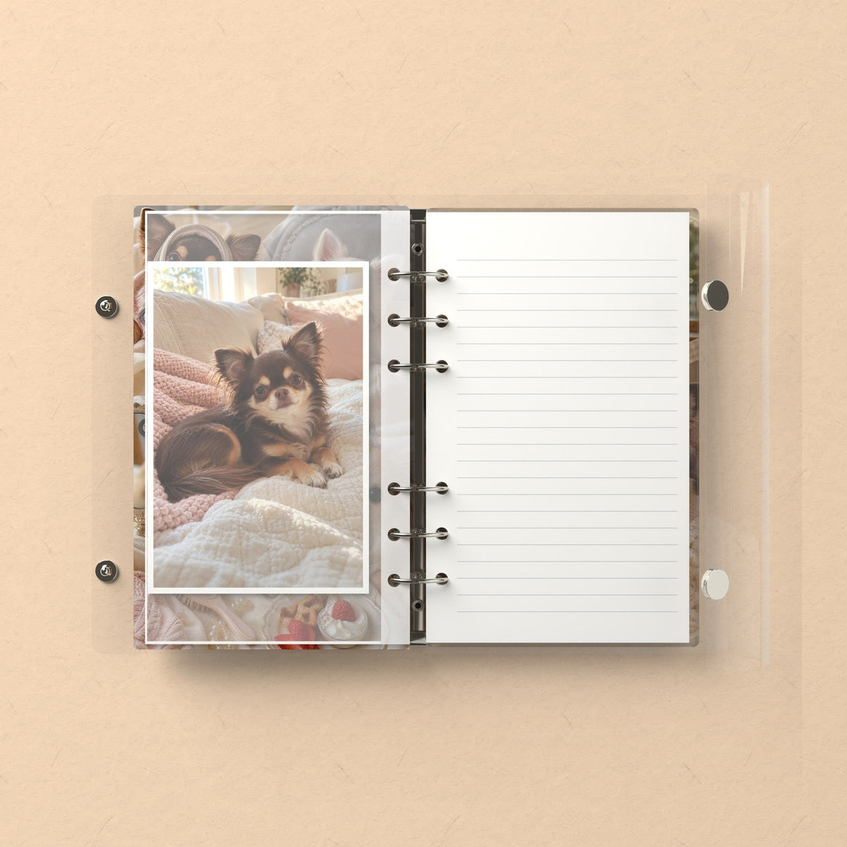 Inside: a photo sleeve and a lined refill page