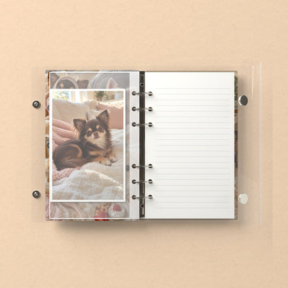 Inside: a photo sleeve and a lined refill page