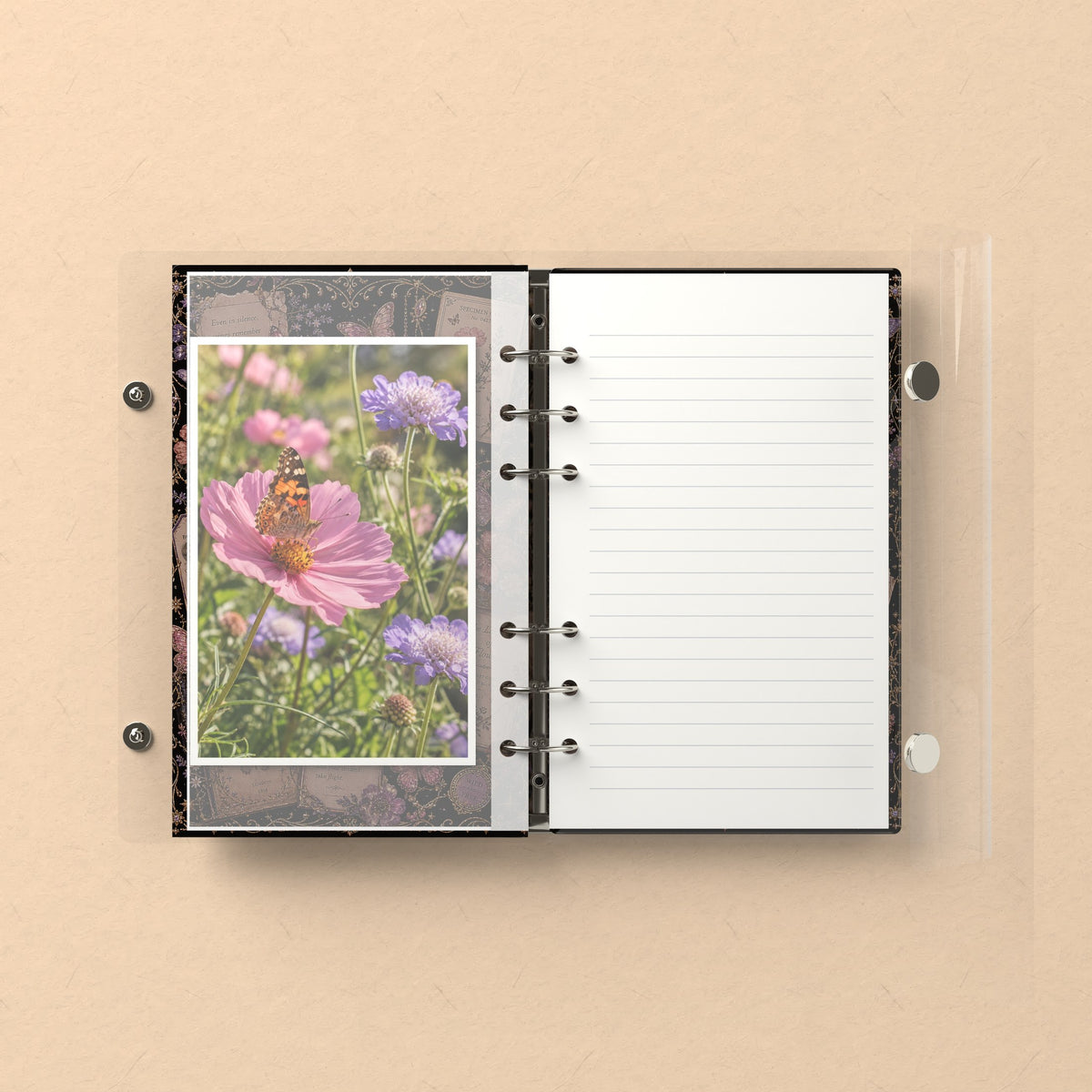 Inside: a photo sleeve and a lined refill page
