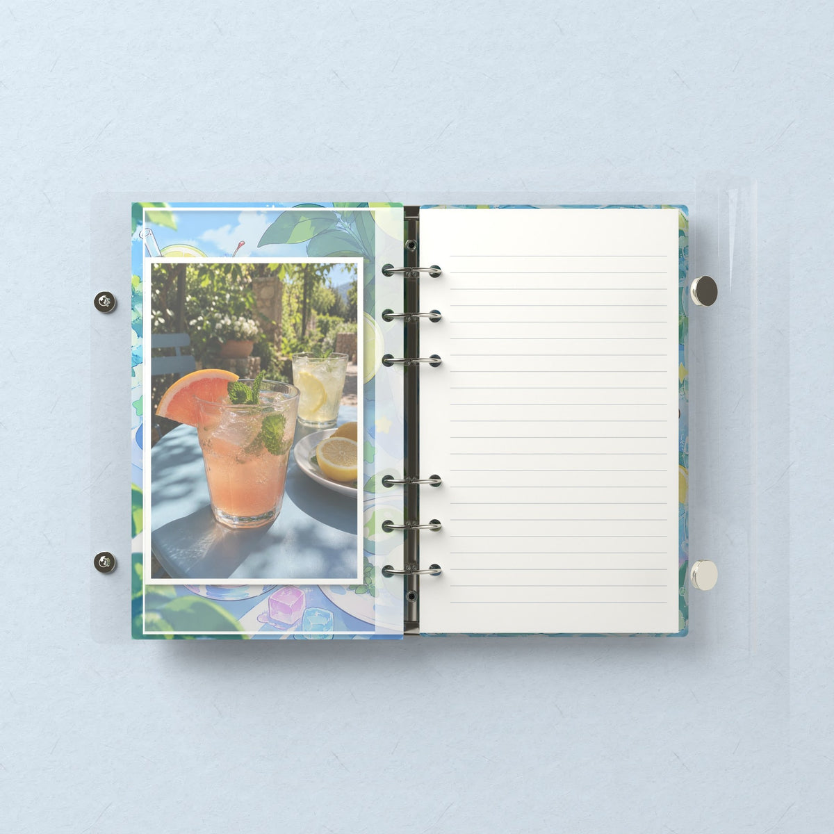 Inside: a photo sleeve and a lined refill page