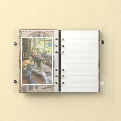 Inside: a photo sleeve and a lined refill page