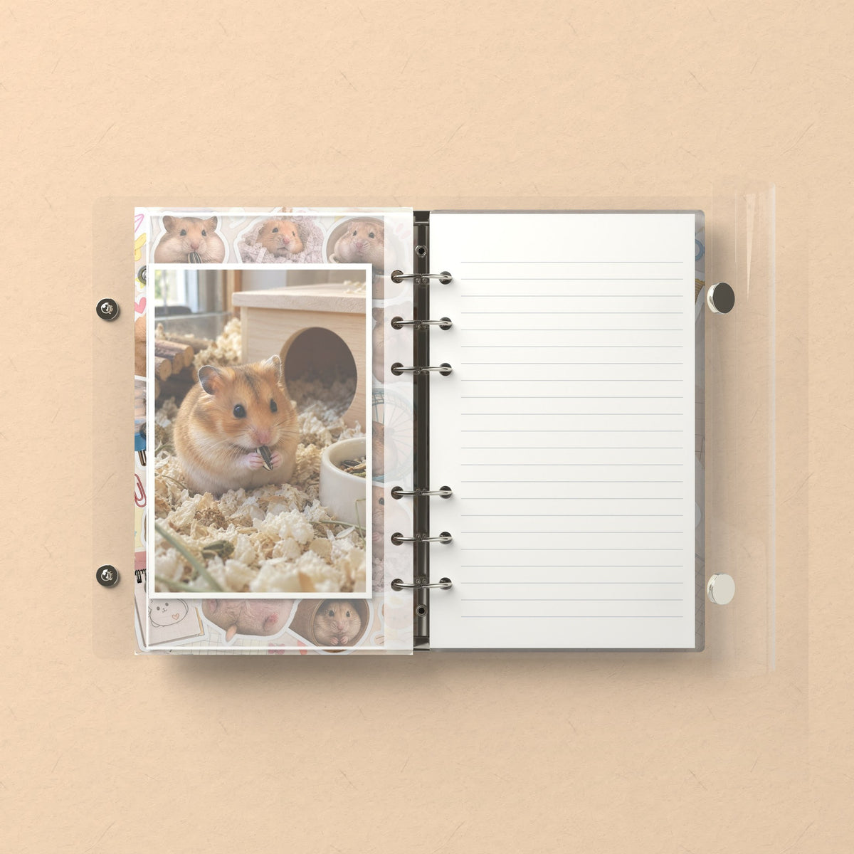 Inside: a photo sleeve and a lined refill page