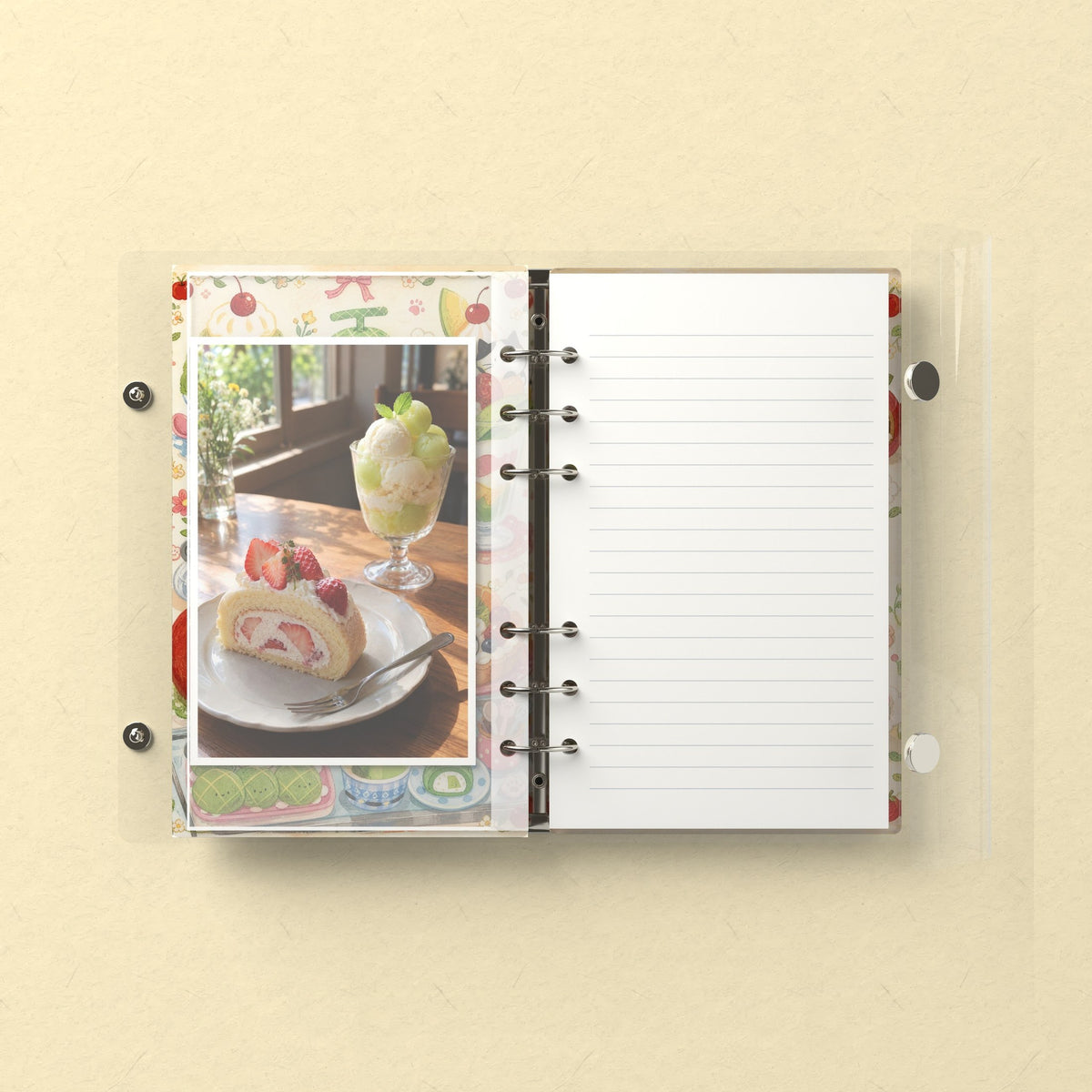 Inside: a photo sleeve and a lined refill page