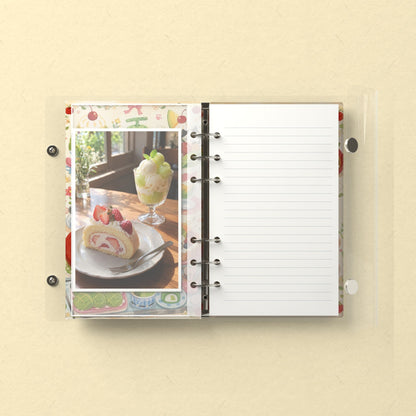 Inside: a photo sleeve and a lined refill page