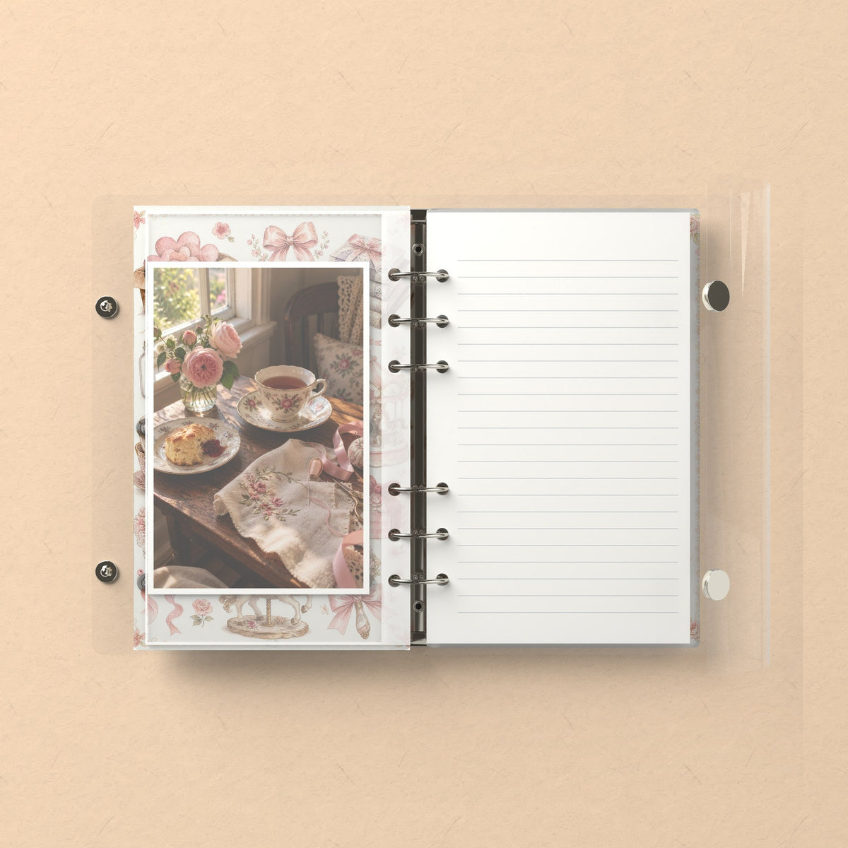 Inside: a photo sleeve and a lined refill page