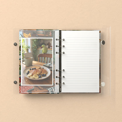 Inside: a photo sleeve and a lined refill page