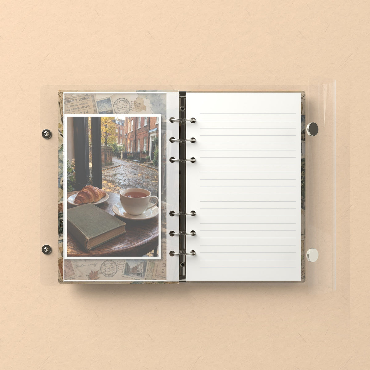 Inside: a photo sleeve and a lined refill page